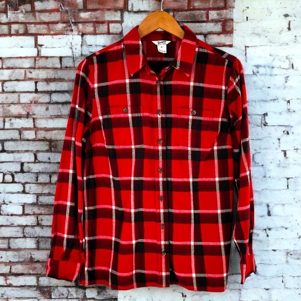 Duluth Trading Co Free Swing Red Plaid Cotton Flannel Shirt Size Medium